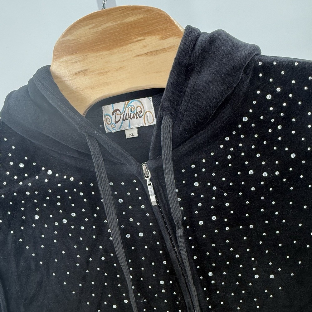 Divine Jacket XL‎ Black Hooded Bling  Sparkle Velvet Full Zip Pockets